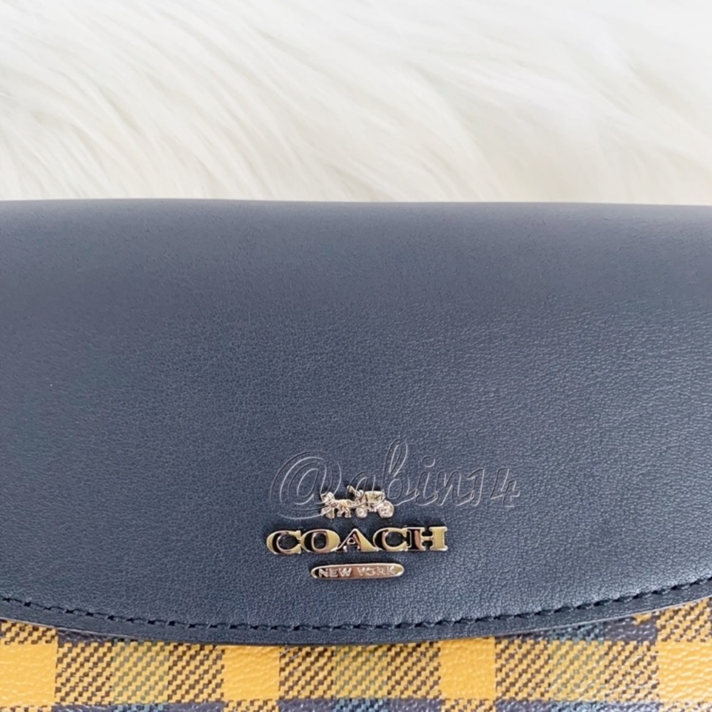 NWT Coach Leather Canvas Envelope Wallet with Gingham Print Blue Yellow - Picture 7 of 9